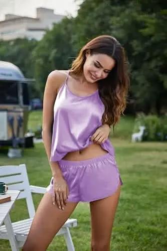 Silk Pajamas Set for Women Satin Backless Lingerie Pjs Cami Top and Shorts Nightwear - Love Salve